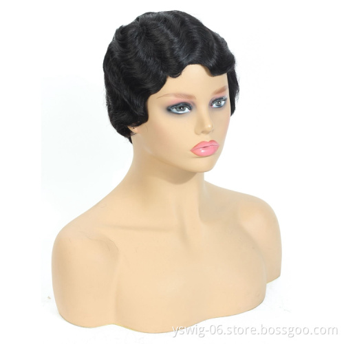 Peruvian Remy Hair Short Wet and Wavy Pixie Cut Wig Ocean Wave Finger Wave None Lace Human Hair Wig for Black Women
